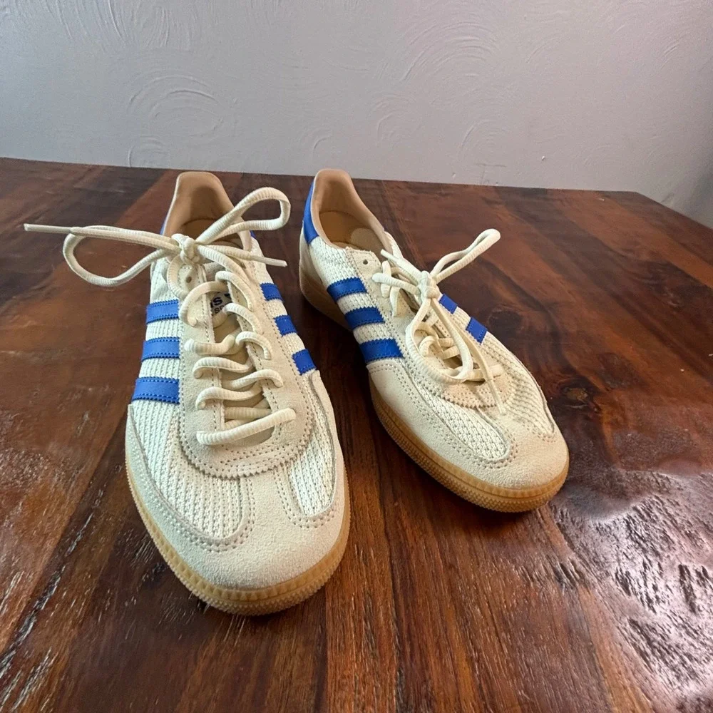 Adidas Handball Spezial Cream Blue Knit Suede Sneakers Mens 6 Womens 7.5 JS3865